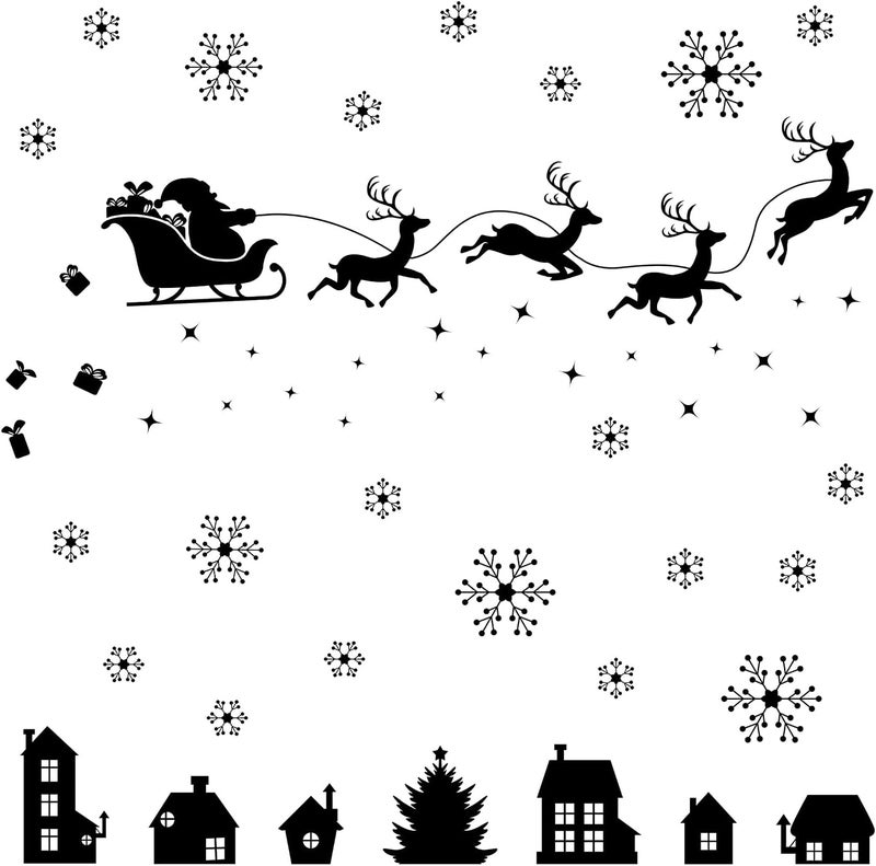 Kasubeso Merry Christmas Wall Decal Black Santa Reindeer Snowflake Window Clings Wall Stickers Removable Xmas Vinyl Wall Decor for Holiday Party Bedroom Office Living Room Home Decoration - Image 1